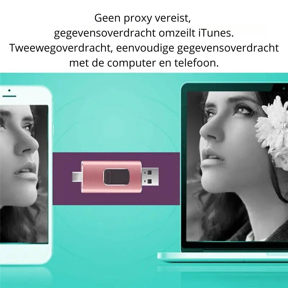 Nooit meer een Lege Mobiel met onze 4 in 1 Flashdrive. Deze past op Elk Apparaat!