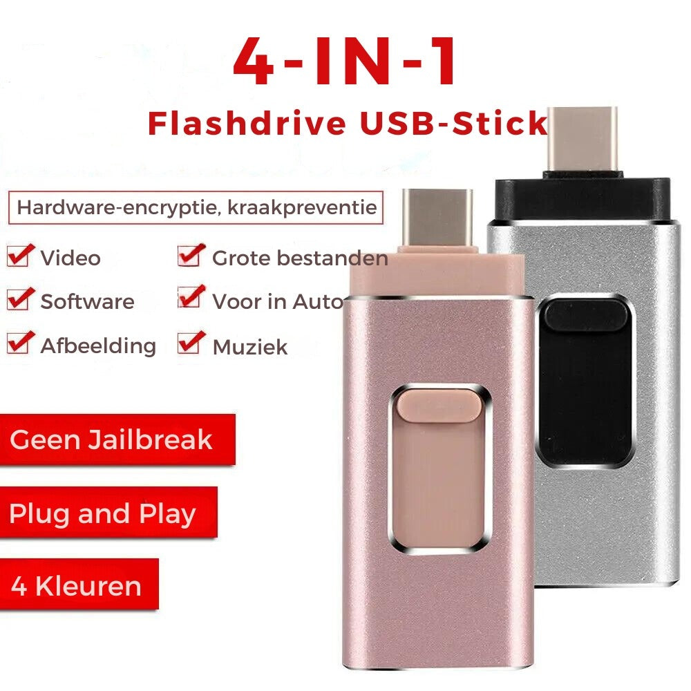 Nooit meer een Lege Mobiel met onze 4 in 1 Flashdrive. Deze past op Elk Apparaat!