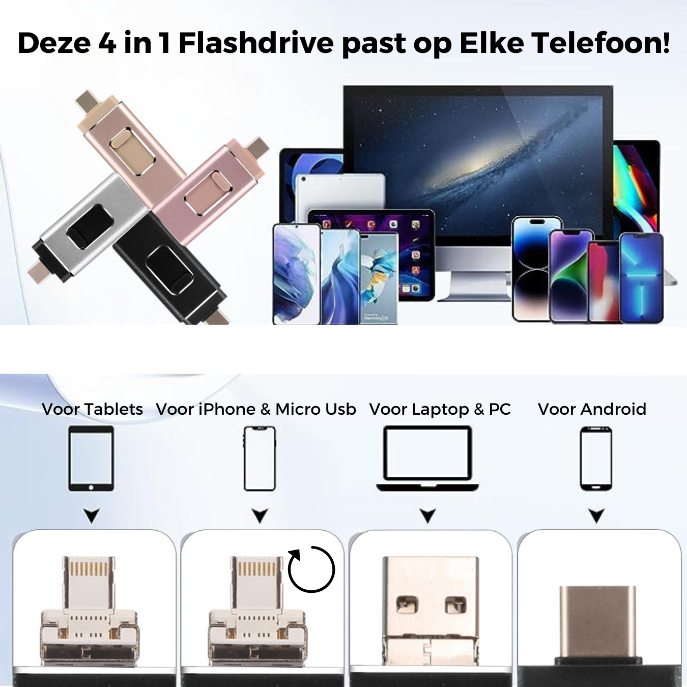 Nooit meer een Lege Mobiel met onze 4 in 1 Flashdrive. Deze past op Elk Apparaat!