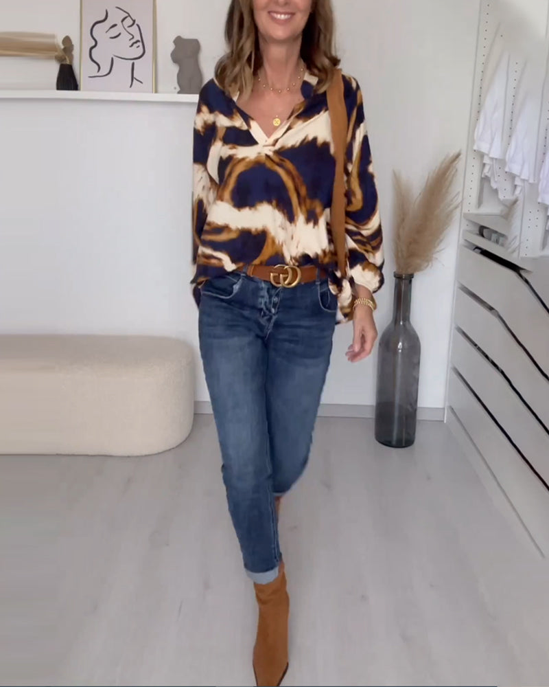 LeafyElegance™ - Gedrukte Herfstblouse met V-hals